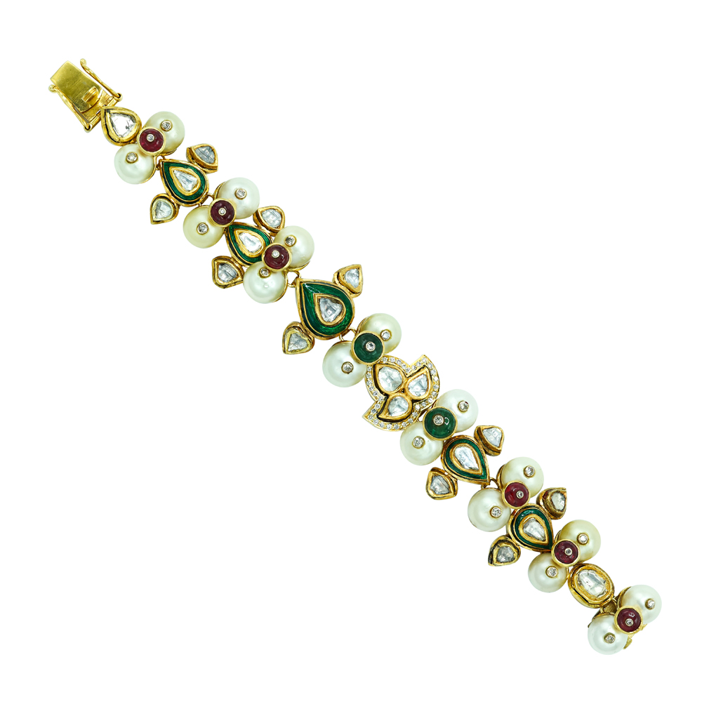 Polki Bracelet with Pearls and Enamel Floral Motifs